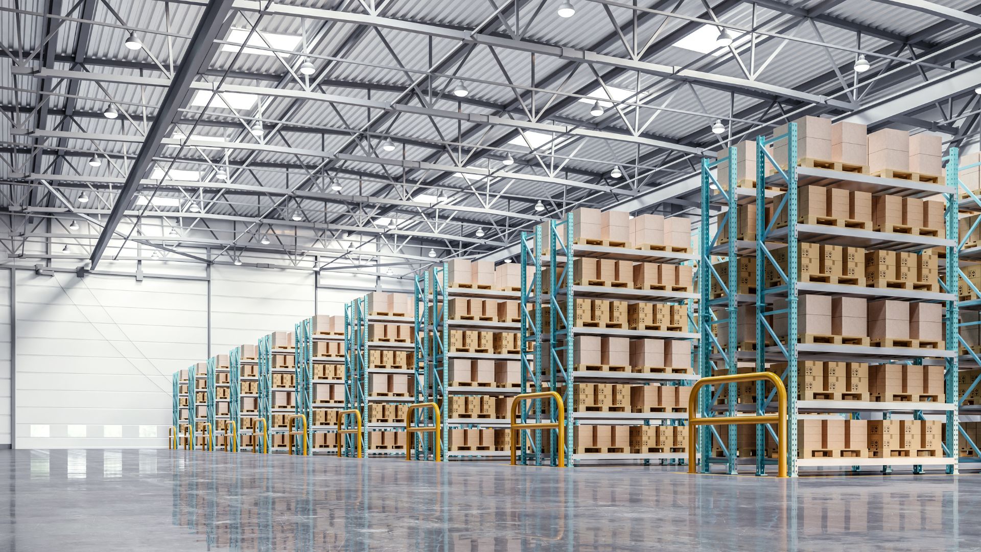 Modern Warehouse Shelves With Packages Stacked On Pallets
